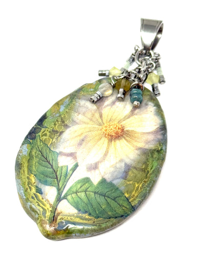 Summer Porcelain Daisy Pendant slides onto any chain. Chunky style. Handmade focal bead from Lithuania.