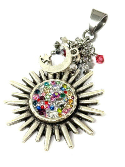 Handmade Multi-Color Swarovski Crystal Sun and Moon Pendant Necklace. Matches everything.