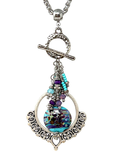 Handmade Lampwork Glass Teal Purple Swirl Pendant Necklace #5572D
