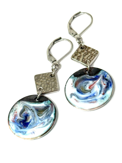 Copper Swirl Earrings in shades of blue, and white. Lightweight with comfortable stainless steel leverbacks.