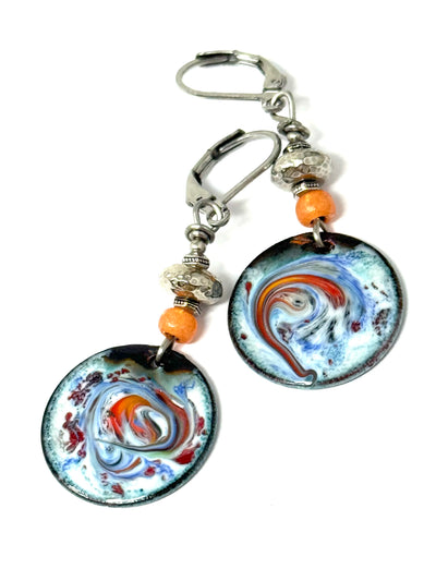 Copper Swirl Earrings in shades of blue, orange and white. Lightweight with comfortable stainless steel leverbacks.