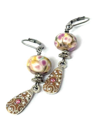 Lampwork Glass Peach, Cream, and Green Earrings with Filigree Crystal Accent Beads