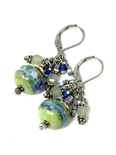 Handmade Lampwork Glass Blue, Green, and Pale Blue Beaded Cluster Dangle Earrings. Stainless Steel Leverback for comfort.