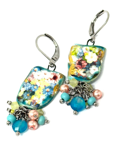 Pretty Victorian Porcelain Floral Earrings with beaded cluster hanging below. Stainless Steel Leverbacks for comfort.