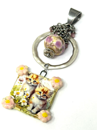 Meow Cat Porcelain and Lampwork Glass Pendant. Slide on any chain or take a look at my stainless steel chains.