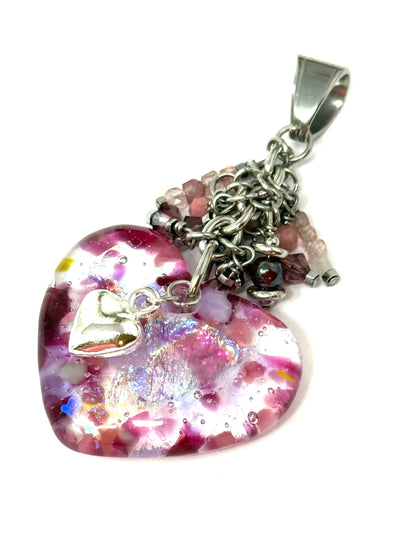 Handmade Lampwork Glass Heart Beaded Dangle Pendant in pink with silver heart charm, perfect for stylish everyday wear.