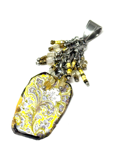 Handmade Victorian yellow floral beaded dangle pendant with intricate designs and delicate beads for stylish accessories.