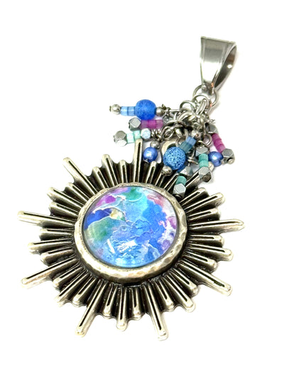 Colorful handmade glass dangle pendant featuring a sun design and vibrant beads for unique style.