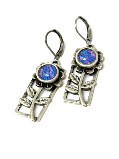 Handmade colorful glass floral earrings with silver floral design and purple accents, perfect for everyday wear.
