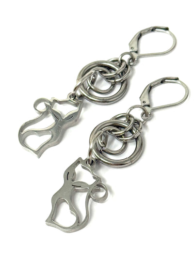 Handmade stainless steel dangle cat earrings featuring a playful cat design with linked elements, lightweight and stylish.