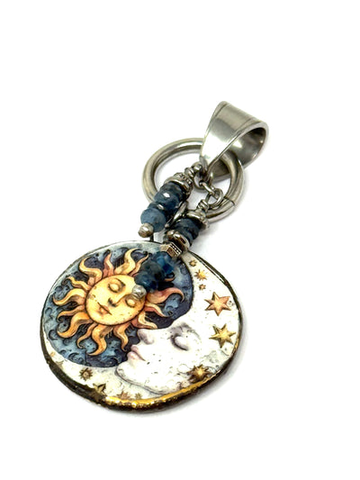 Handmade Sun and Moon porcelain beaded dangle pendant with intricate designs and silver accents.