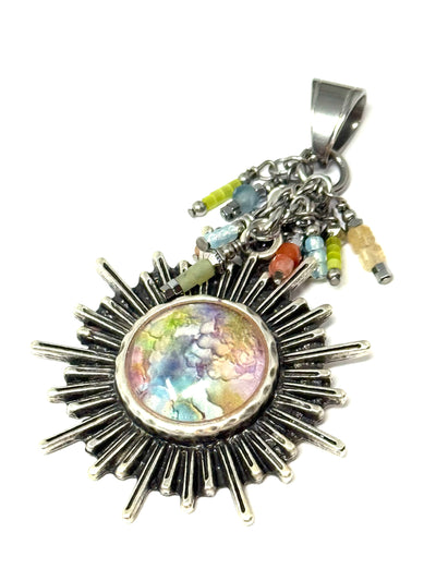 Handmade pastel glass sun beaded dangle pendant with colorful beads, perfect for everyday wear and unique style.