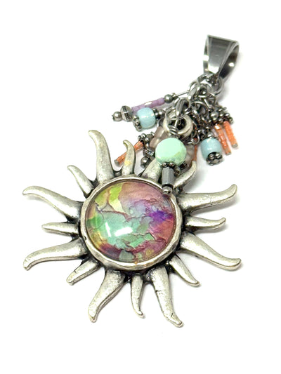 Handmade pastel glass sun beaded dangle pendant featuring colorful beads and metal sun design, perfect for everyday wear.