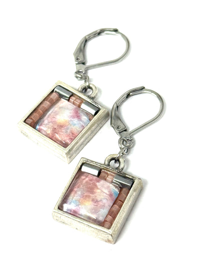 Handmade pastel summer square earrings featuring a colorful design and silver-tone hardware, lightweight for everyday wear.