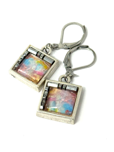 Handmade pastel summer square earrings with colorful geometric designs, perfect for stylish everyday wear.