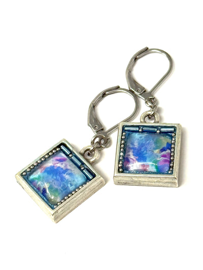 Handmade pastel summer square earrings featuring colorful resin in a silver frame, perfect for lightweight everyday wear.