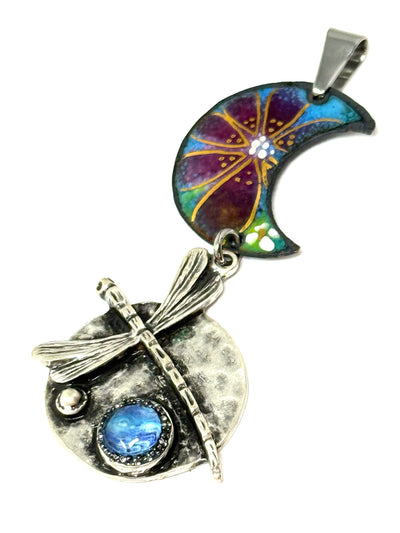 Handmade Copper Enamel Dragonfly Beaded Pendant featuring colorful enamel and a dragonfly design, perfect for unique accessory styling.