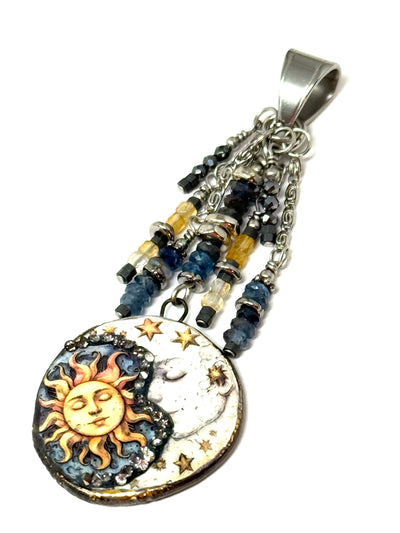 Handmade sun and moon porcelain beaded dangle pendant with intricate detailing and colorful beads.