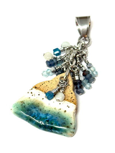 Porcelain teal and white gemstone beaded pendant. Mix and match with your favorite chain.