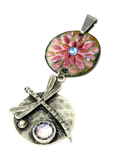 Handmade copper enamel pendant featuring floral design and dragonfly, perfect for everyday style and unique accessories.