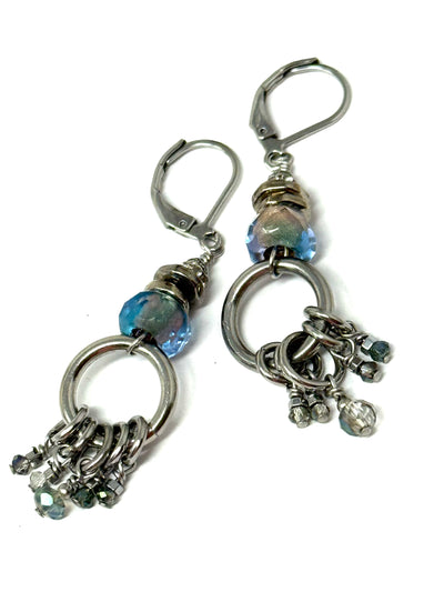 Handmade Czech faceted glass and crystal dangle earrings with silver rings and hooks, perfect for everyday wear.