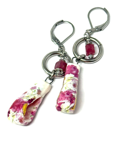 Handmade Victorian floral porcelain dangle earrings with pink and white design, lightweight and comfortable for everyday wear.