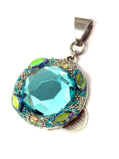 Hand beaded blue zircon chunky glass pendant with vibrant accents, perfect for everyday wear and unique style.
