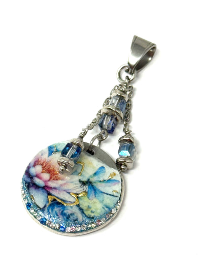 Hand-painted copper enamel lotus dragonfly pendant with blue crystals, perfect for everyday wear and unique style.
