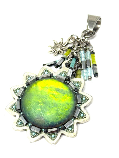Vibrant handmade Czech etched glass mosaic pendant in a floral design with colorful beads and silver accents.