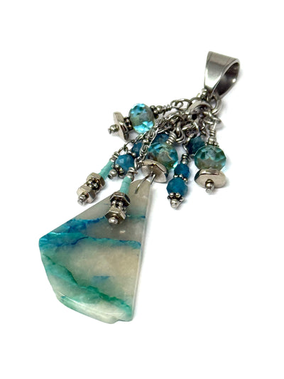 Handmade Chrysocolla gemstone beaded dangle pendant with silver accents, perfect for everyday wear and stylish accessorizing.
