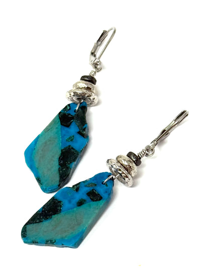 Handmade Chrysocolla gemstone earrings featuring blue and green hues with silver accents, lightweight and stylish for any occasion.