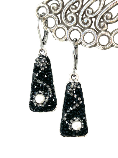 Pretty Handmade Pearl Black Crystal Pave Beaded Earrings #2378E