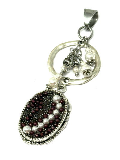 Handmade Pearl and Garnet Gemstone Beaded Mosaic Pendant, perfect for elevating your accessory style.