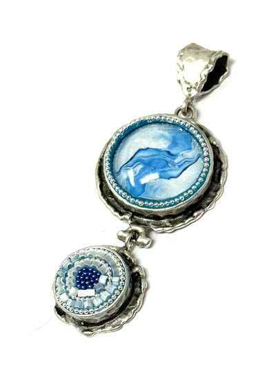 Handmade sky blue swirl chunky mosaic pendant featuring a unique design in silver setting, perfect for everyday wear.