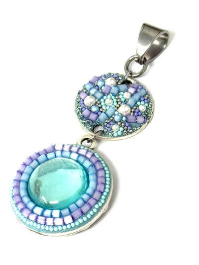 Handmade Mosaic Glass Seed Bead Pearl Pendant #8234D featuring intricate beadwork and a blue glass centerpiece.