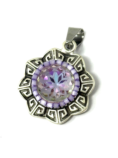 Handmade Lavender Floral Czech Metallic Glass Pendant #8241D featuring a floral design and shimmering purple centerpiece.