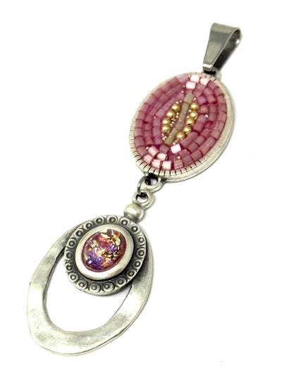 Beautiful Coral Pink Mosaic Focal piece created with shimmering glass seed beads. A wonderful addition to your jewelry box.
