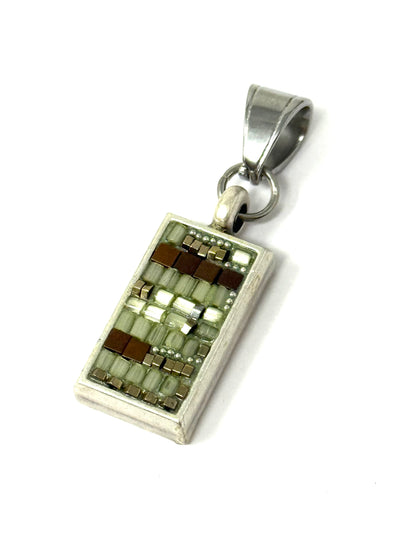 Handmade Mosaic Swirl Seed Bead Pendant #8243D featuring a mosaic design in green and brown hues.
