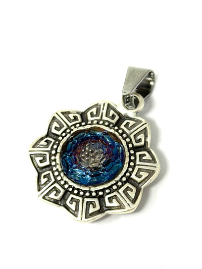 Blue and Purple Czech Glass Focal bead set in a floral oxidized pewter setting.