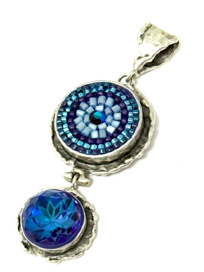 Handmade Blue Mosaic Seed Bead Pendant will make any outfit look more beautiful. Shades of blue with shimmering seed beads.