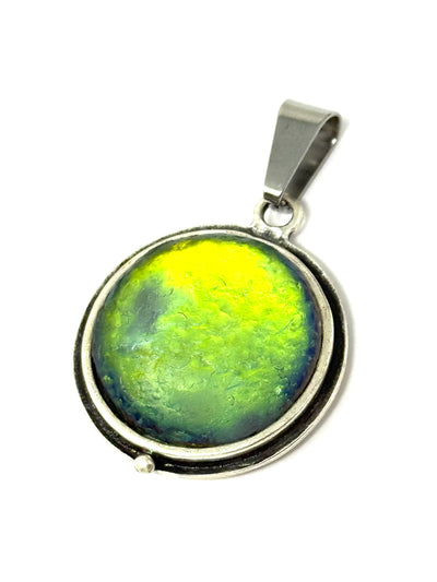 Handmade Green Czech Glass Shimmer Pendant #8244D featuring a vibrant green and yellow design.