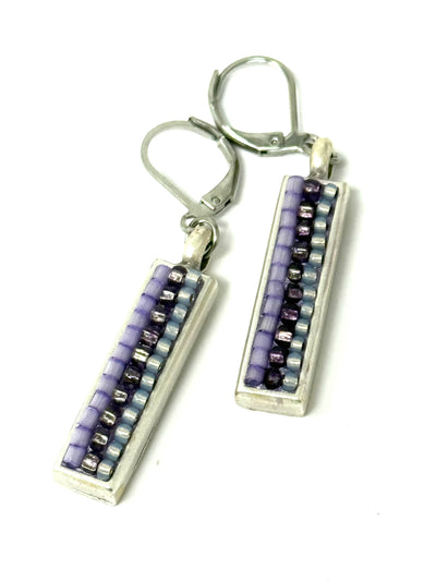 Handmade Hand-Beaded Mosaic Purple Earrings #2697E showcasing intricate beading and lightweight design for everyday wear.