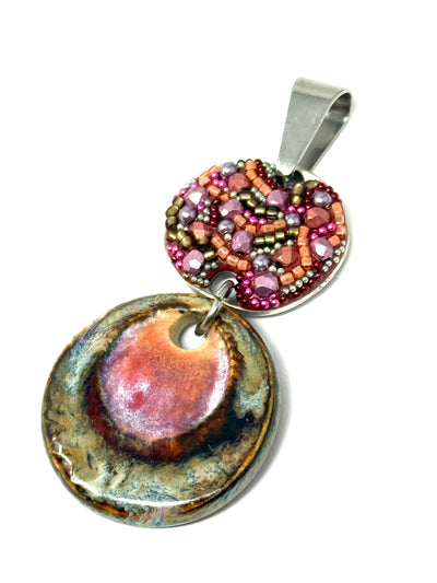 Handmade Porcelain Mosaic Beaded Pendant showcasing colorful beads and a unique two-layer design.