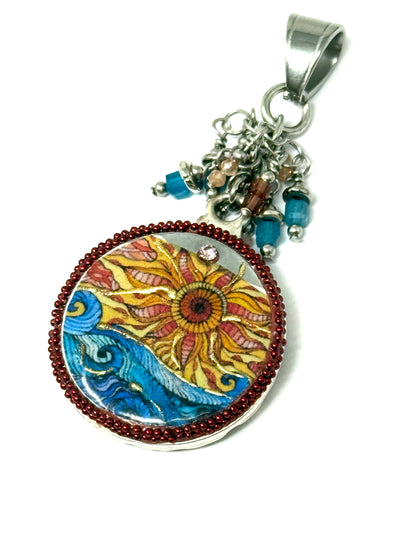 Handmade Sun Hand-Painted Pendant with vibrant sun and wave design, perfect for everyday wear and unique style.