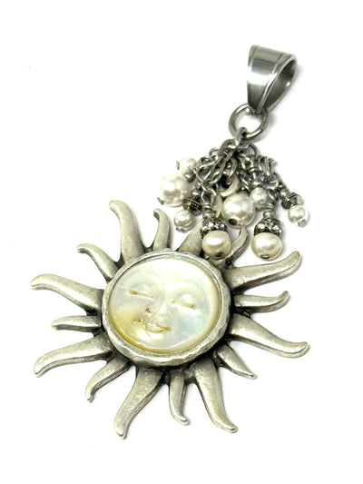 Handmade Carved Mother of Pearl Moon Pendant #8245D with intricate sun design and pearl accents.