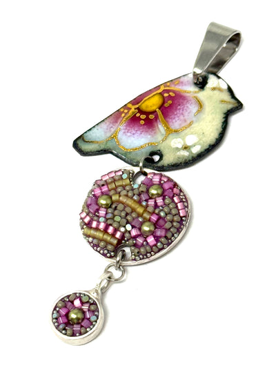 Elevate your accessory game and make a statement with this beautiful Hand-Painted Copper Enamel Beaded Bird Pendant 