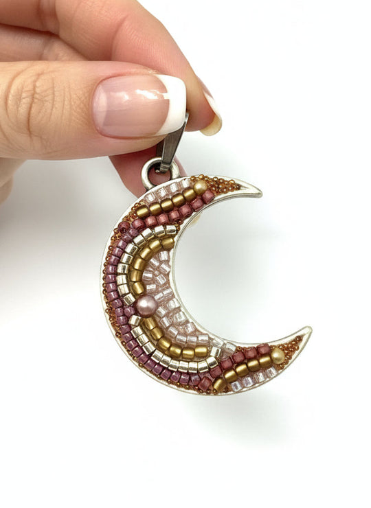 Elegant Earth-Tone Crescent Moon Seed Bead Mosaic Pendant | USA