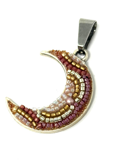 Handmade Mosaic Crescent Moon Beaded Pendant Necklace in colorful bead design, perfect for unique style and everyday wear.