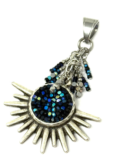 Handmade Blue Glass Seed Bead Mosaic Sun Pendant with intricate design and vibrant colors