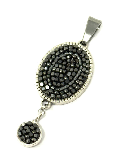 Handmade Charcoal Gray Glass Seed Bead Mosaic Pendant showcasing intricate beadwork and modern design.